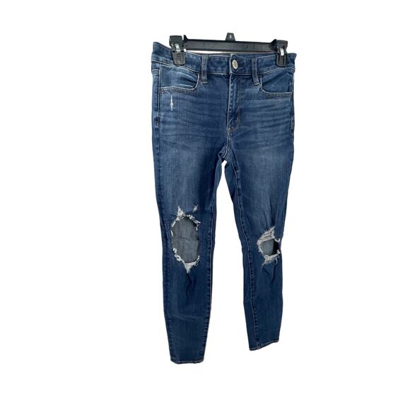 American Eagle Medium Wash Blue Distressed Denim Skinny Jeans Women's Size 6 - Picture 1 of 7